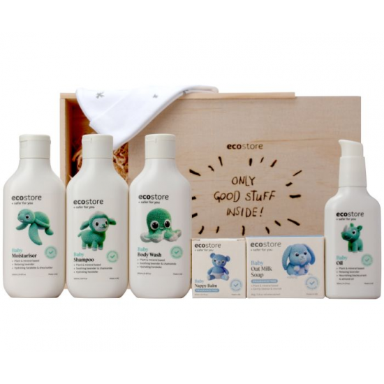 Ecostore All About Baby Gift Box(婴儿沐浴露 200ml 婴儿油 125ml 婴儿洗发水 200ml 婴儿保湿霜 200ml 婴儿护臀膏 60g 婴儿香皂 80g Babu 有机棉婴儿帽) GBBLU【保质期2026/10】